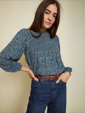 Nation LTD Marion Babydoll Boho Long Sleeve Tee in Pima Cotton Floral Size Large